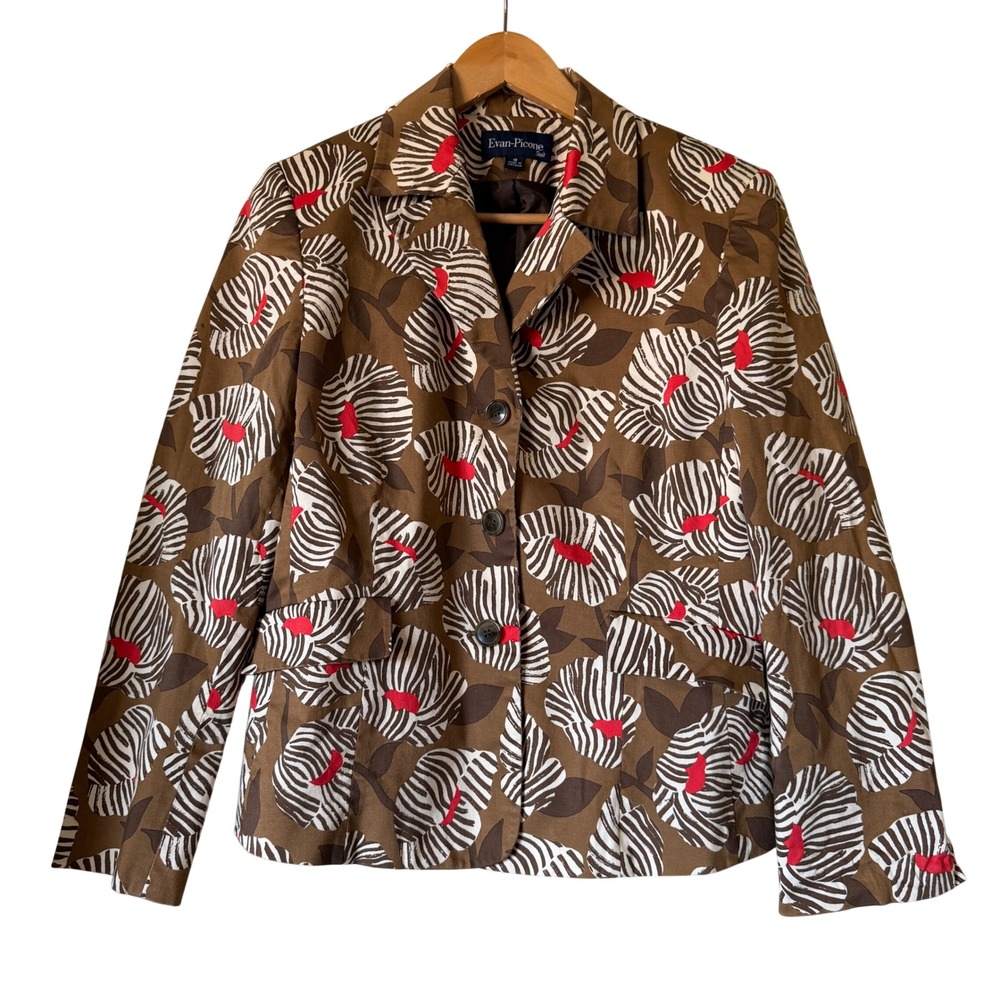 Evan-Picone Blazer Abstract Floral Cotton Stretch 10 Brown Professional Funky